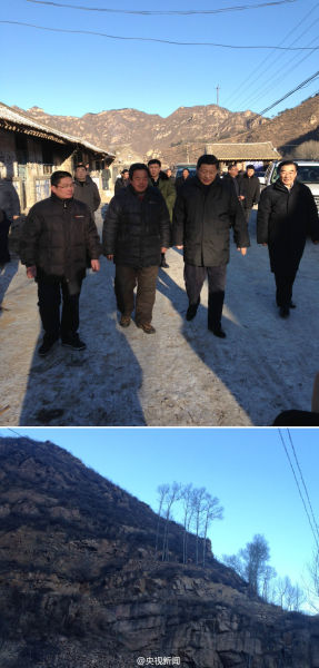 習(xí)近平頂風(fēng)踏雪前往太行山深處的河北保定阜平縣龍泉關(guān)鎮(zhèn)貧困村駱駝灣村看望困難民眾。圖片來源:中央電視臺(tái)新聞中心官方微博 習(xí)近平頂風(fēng)踏雪前往太行山深處的河北保定阜平縣龍泉關(guān)鎮(zhèn)貧困村駱駝灣村看望困難民眾。圖片來源:中央電視臺(tái)新聞中心官方微博